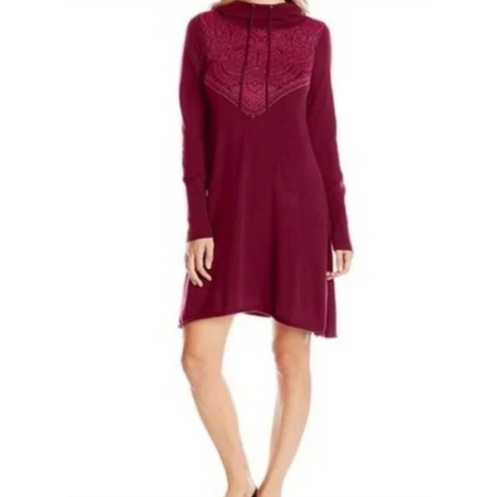 prAna Burgundy Ribbed Mock Cowl Neck Sweater‎ Dress Long Sleeve Size Small